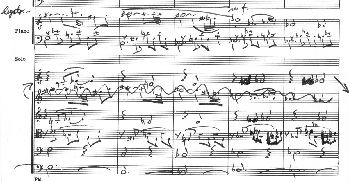 קטע מהפרטיטורה של "ששת הימים ושבעת השערים", בכתב ידו של מתי כספי.